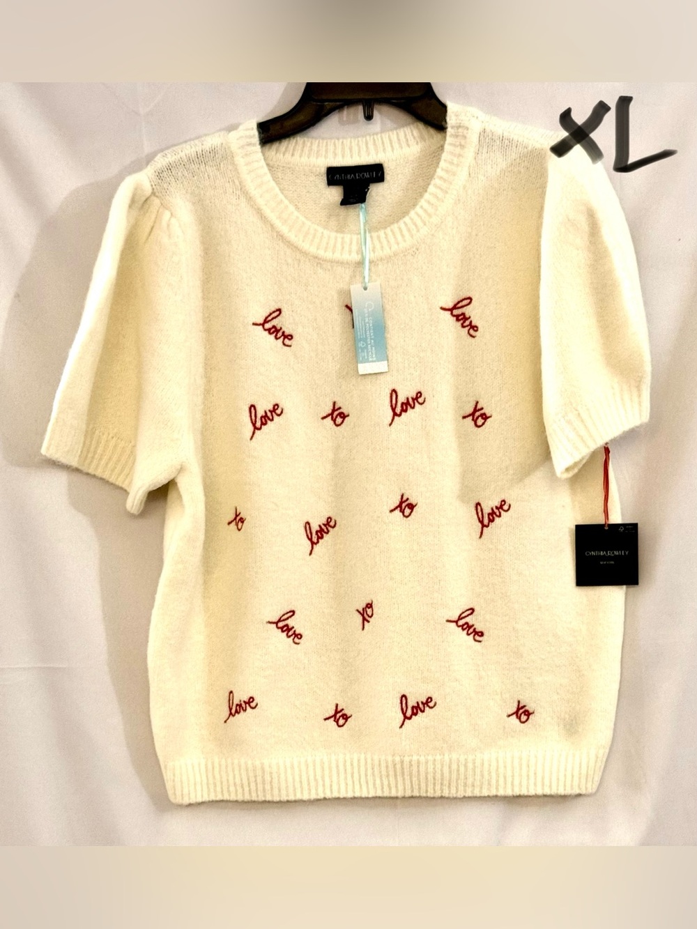 Cynthia Rowley Cream Short-Sleeve Crew Sweater with Red Script Embroidery